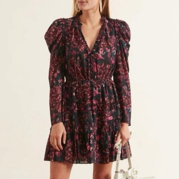 Ulla Johnson Prissa Floral Long Sleeve Ruffle Mini Dress in Midnight - Size 0 - Picture 2 of 14